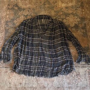 Free People Black and White Plaid Lightweight Button-Front Blouse